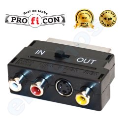 SCART 10M SW της Pro.fi.con οικονομικός μετατροπέας stereo adaptor ήχου εικόνας αρσενικό CR αντάπτορ σε 3 θηλυκά RCA και S-VIDEO φις 321 με διακόπτη επιλογής IN OUT για τηλεόραση